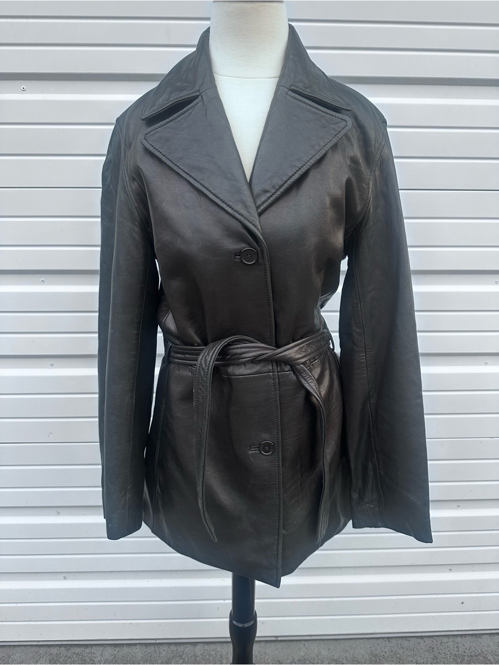 Andrew Marc Black Leather Belted Trench Jacket